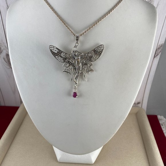 Whimsical Sterling Silver Faerie (Fairy) with Blood Red Ruby Drop Necklace - Picture 2 of 8